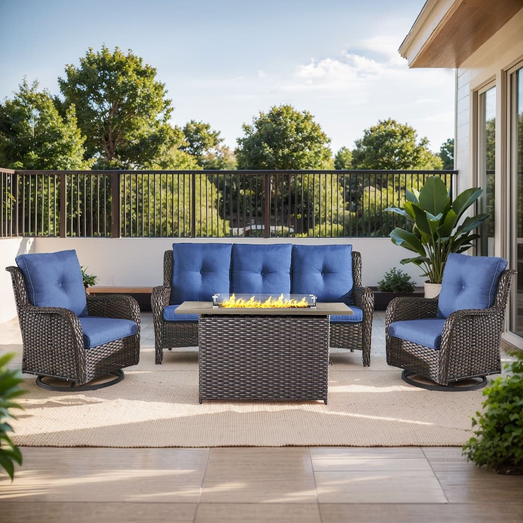 Fire Pit Table with Patio Glider Chairs Sofa Brown-Blue - Brown