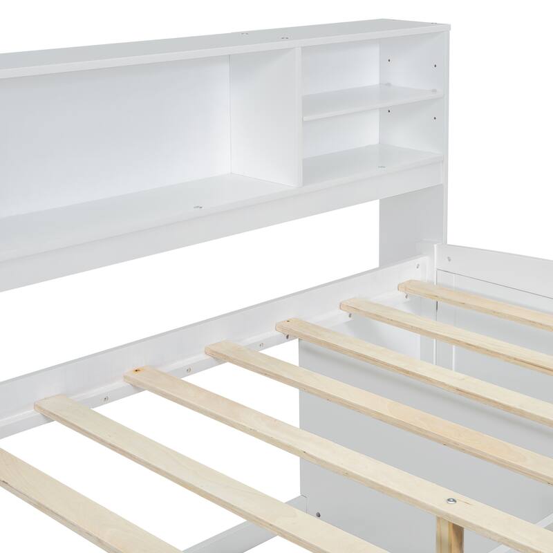 White Full Size Daybed with Bedside Cabinets, Upper Shelves, and 4 Drawers