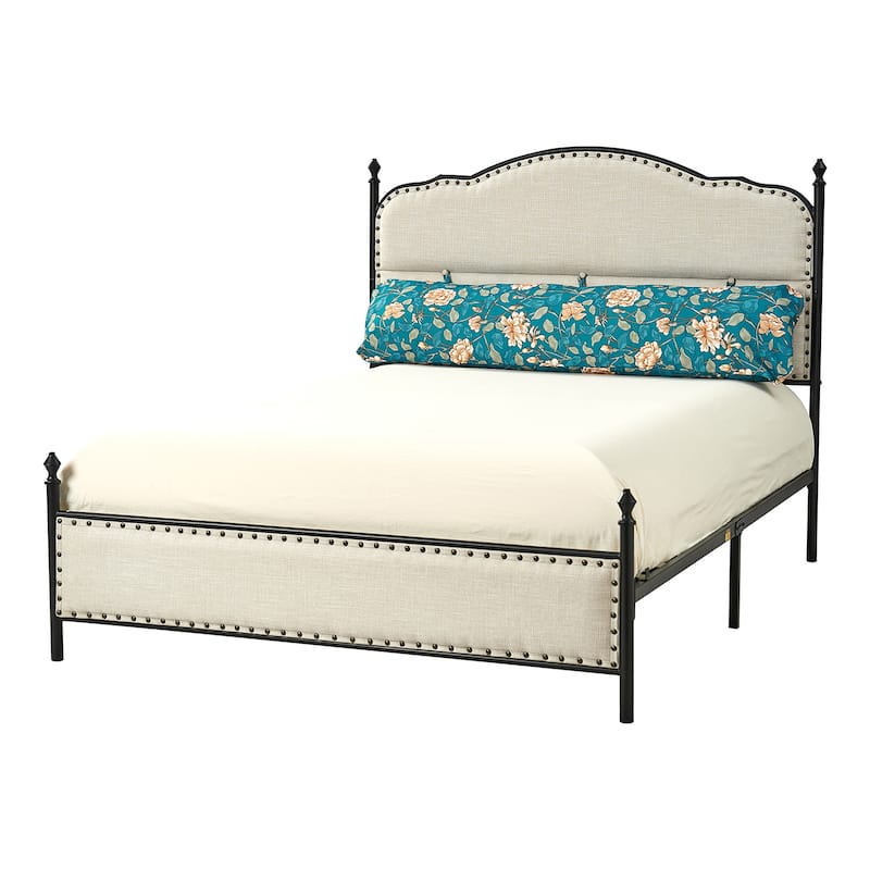 Eulalia Transitional Upholstered Platform Metal Bed Frame Four Poster Bed with High Headboard&Pillow