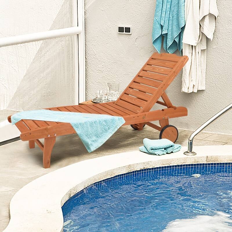 Outdoor Single Solid Wood Chaise Lounge with Wheels