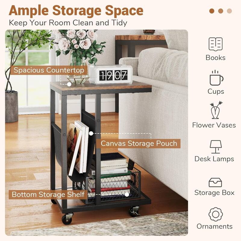1/2 PCS C Shaped End Table Sofa Side Table w/ Rolling Wheels