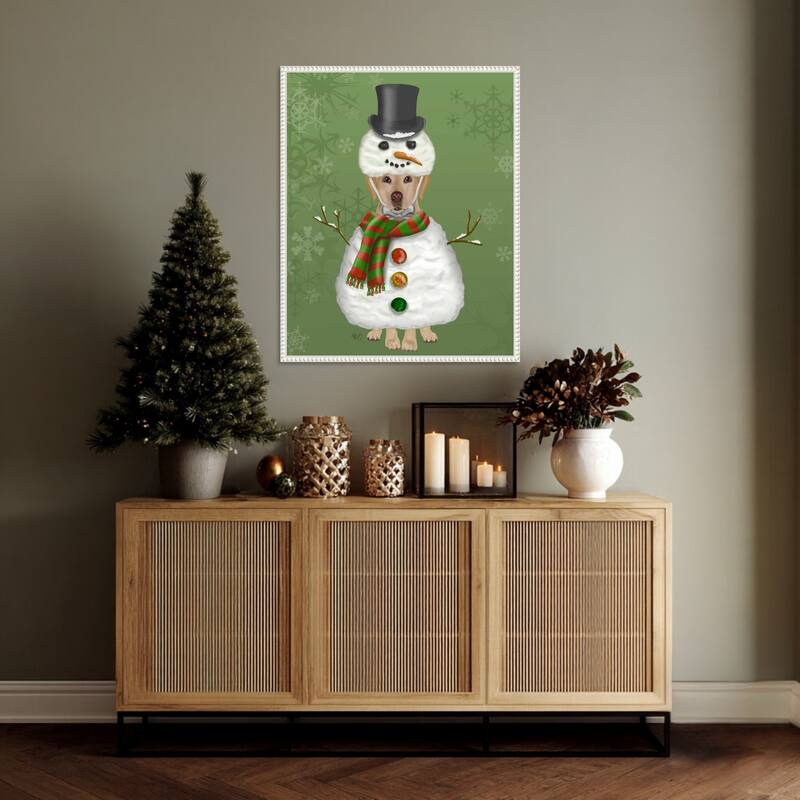Yellow Labrador Snowman Costume by Fab Funky (23 x 28 in.), Framed Canvas Wall Art Print - Sylvie Beaded White