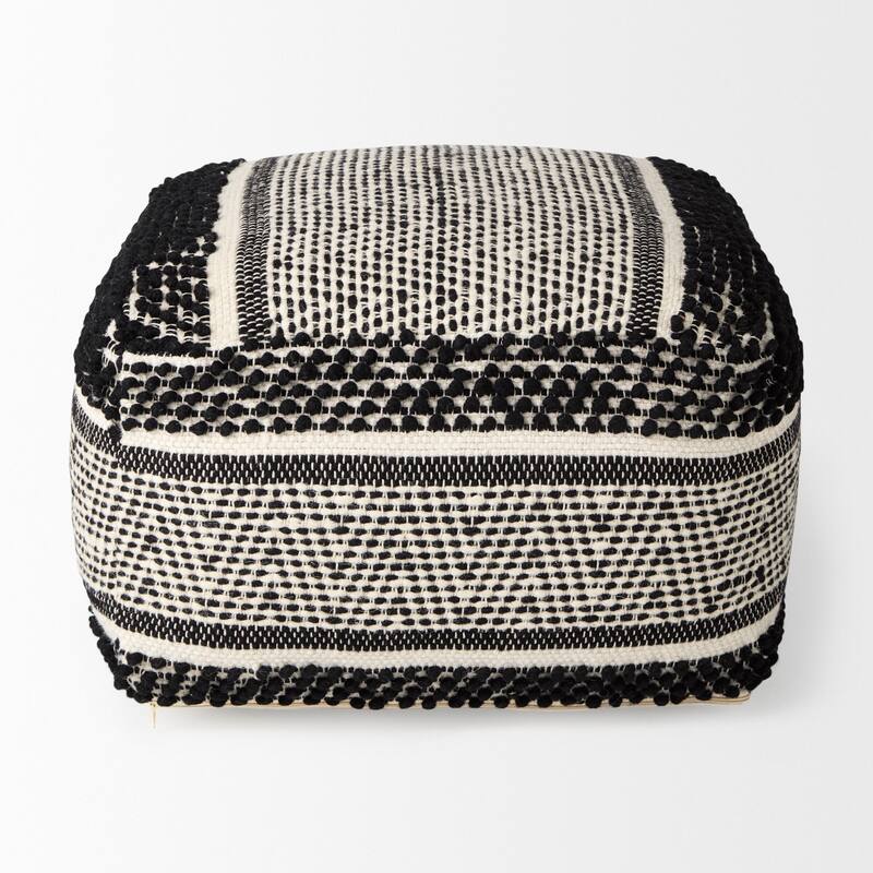 Mercana "Garima" Black & White Wool / Cotton Patterned Square Pouf