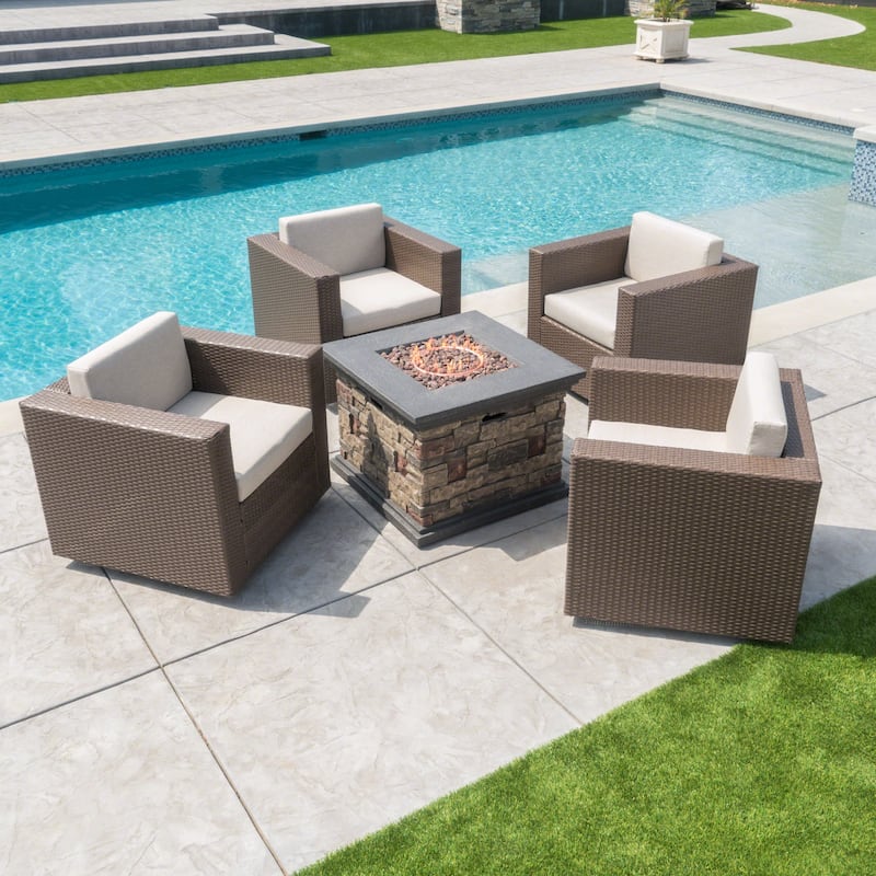 Puerta Outdoor 5-piece Wicker Chair and Square Stone Firepit Set by Christopher Knight Home