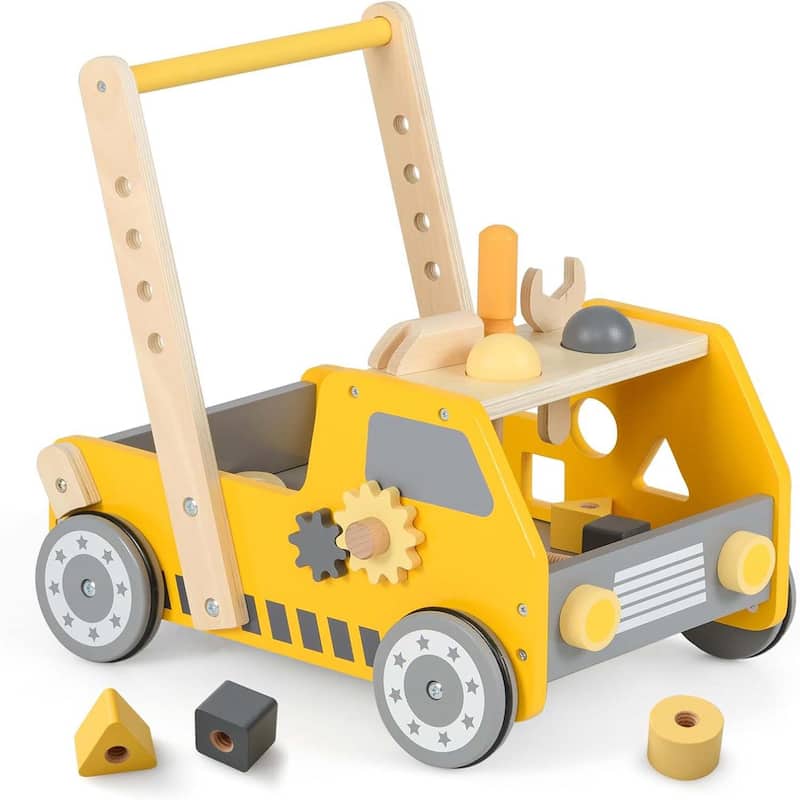 Baby Push Walker Wooden Toy Tool Bench & Car Walker w/Shape Sorter - Yellow + Gray - Yellow + Gray