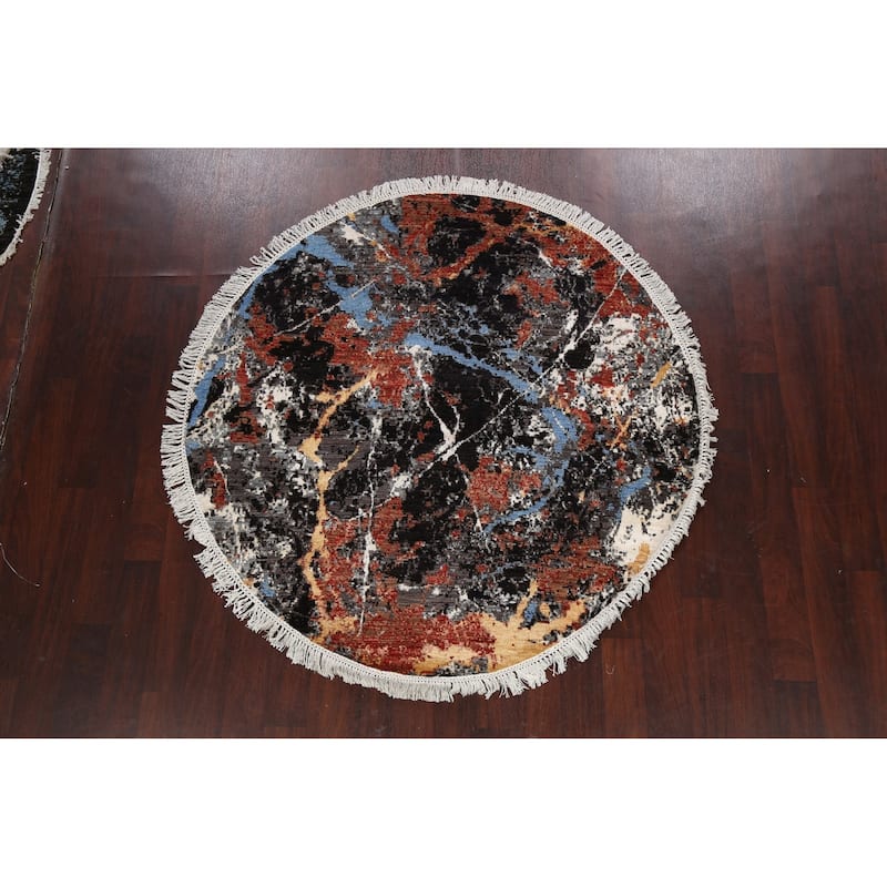 Wool/ Silk Vegetable Dye Abstract Oriental Area Rug Hand-knotted - 5'7" x 5'8" Round