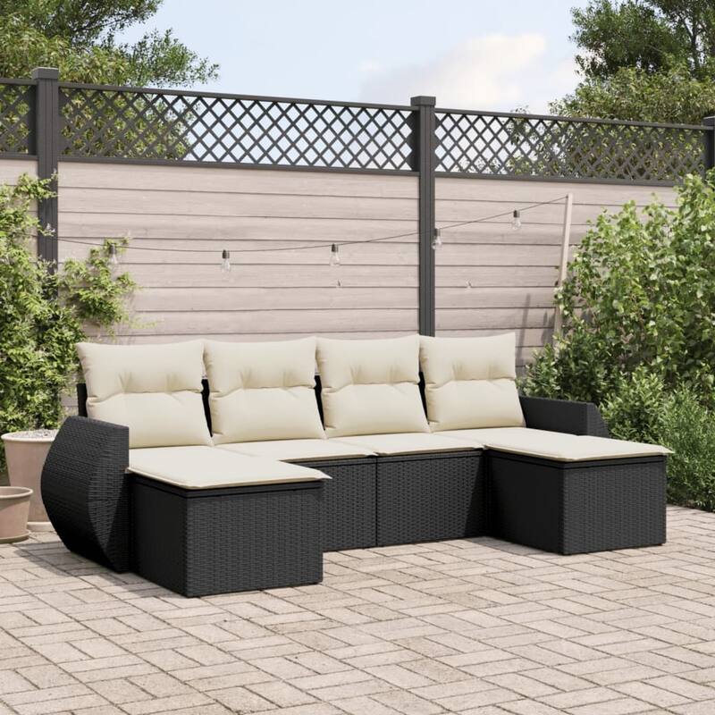 vidaXL Patio Sofa Set with Cushions Outdoor Furniture 6 Piece Poly Rattan - 21.7 x 21.7 x 14.6 - Black and cream