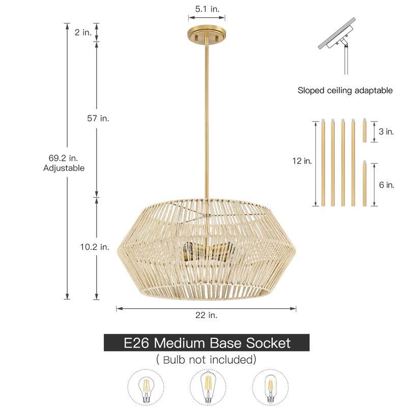 4-Light Bohemian Hand Woven Geometric Chandelier - 22 in. W