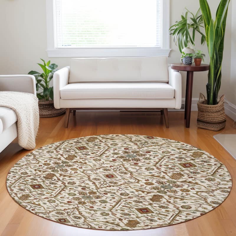 Machine Washable Indoor/ Outdoor Traditional Persian Chantille Rug - Ivory - 8' x 8'