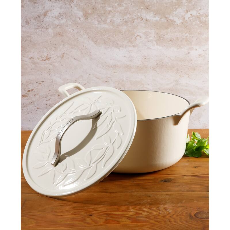 Bloomhouse 7 Qt Cast Iron Dutch Oven W/ Embossed Lid, European Glossy Enamel, & Walnut Wood Trivet