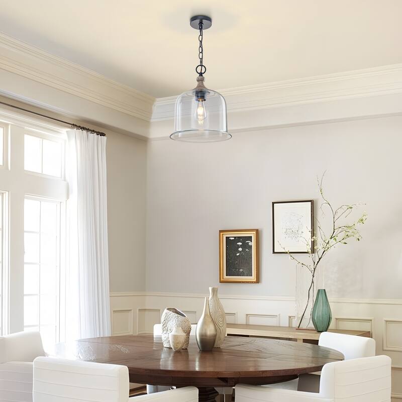 Starsky 1-Light Clear Glass Bell Jar / Cloche Pendant With Wood-Look Metal Accent - Cloche