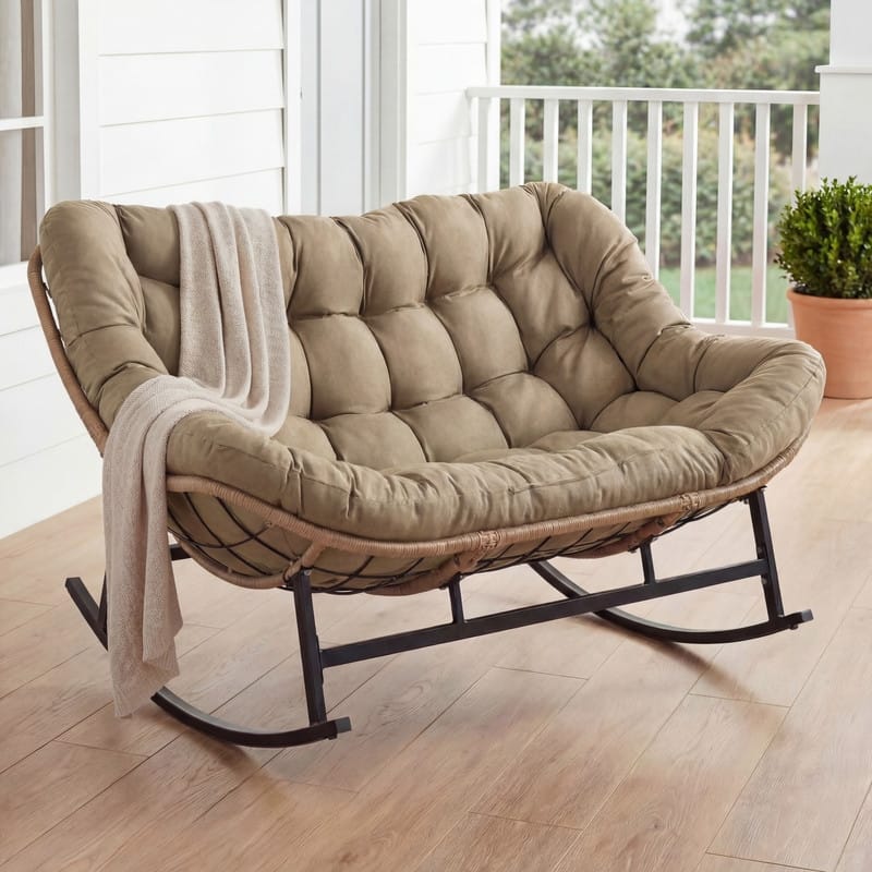 60" Double Papasan Rocking Chair for 2, 700-lb Capacity Wicker Egg Rocker with 5.1" Thick Cushion - 1-Piece (Chair) - Brown