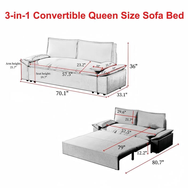 70.1" 3-in-1 Convertible Queen Pull Out Sofa Bed with 2 Soft Pillows