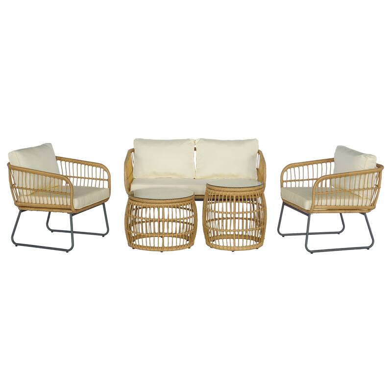 5 Pieces Patio Furniture Set, Outdoor Wicker Patio Conversation Set, Loveseat with Cushion and Pillow, 2 Tempered Glass Table