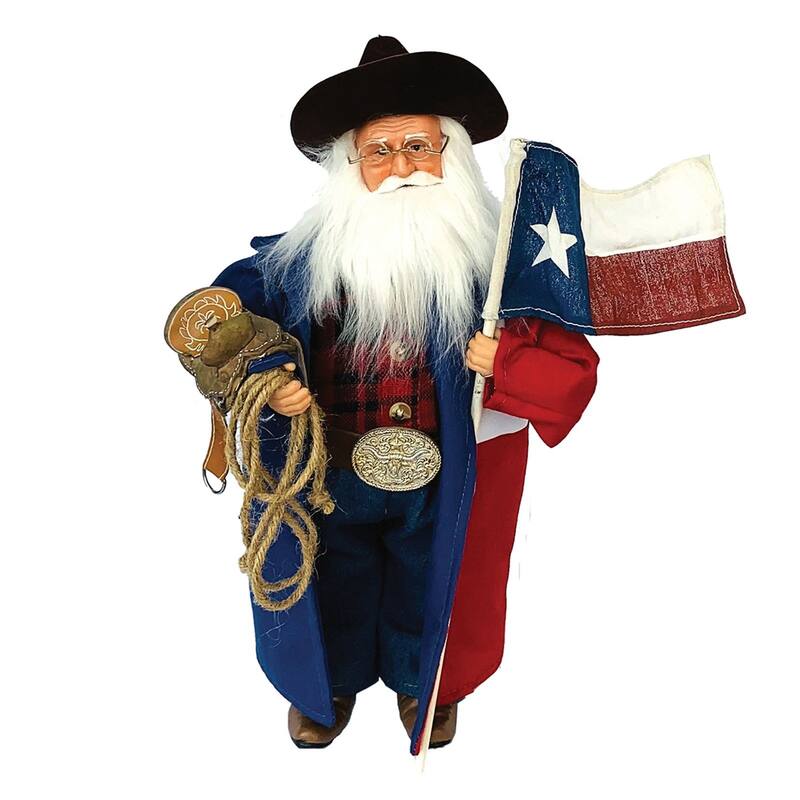 15" Standing Cowboy Santa Claus Christmas Figure with Flag and Rope