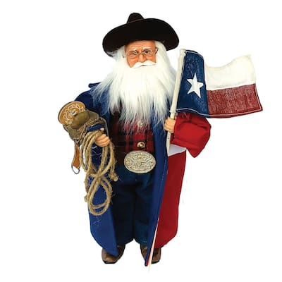 15" Standing Cowboy Santa Claus Christmas Figure with Flag and Rope