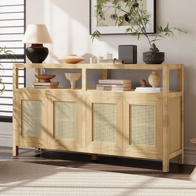 Rattan Buffet Storage Cabinet with Solid Wood Frame