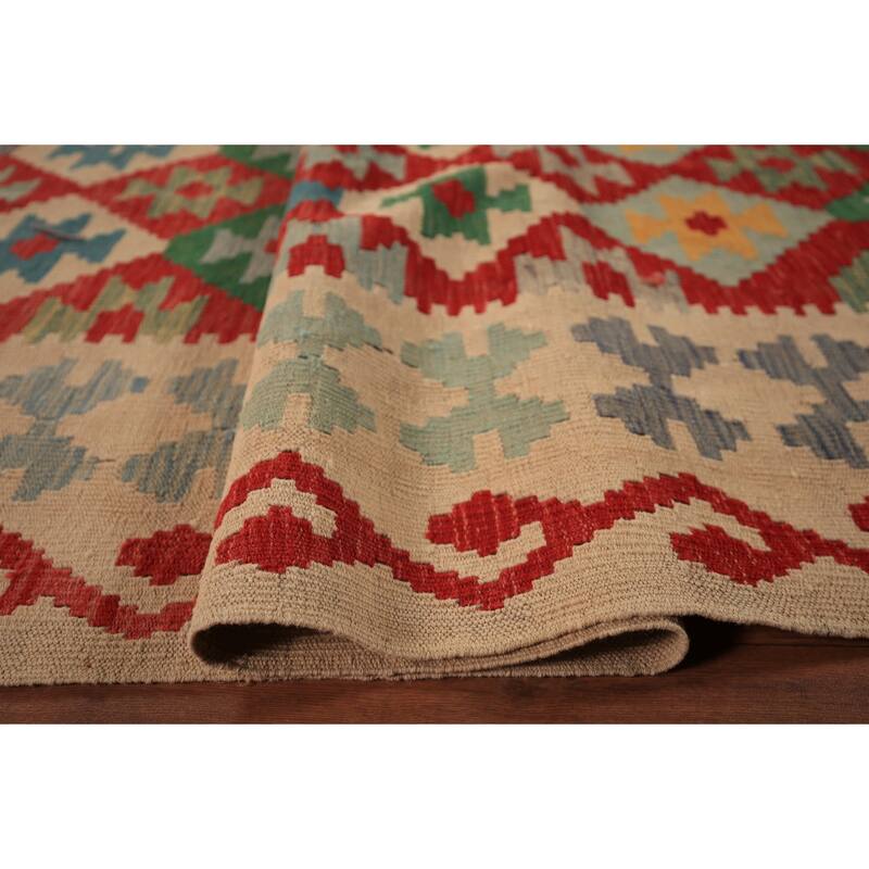 Geometric Kilim Orange Area Rug Hand-Woven Wool Carpet - 8'3" x 11'3"