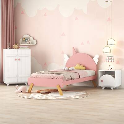 3-Pieces Bedroom Sets Fairytale Platform Bed with Nightstand & Wardrobe, Kids Bed with Cute Cartoon Headboard