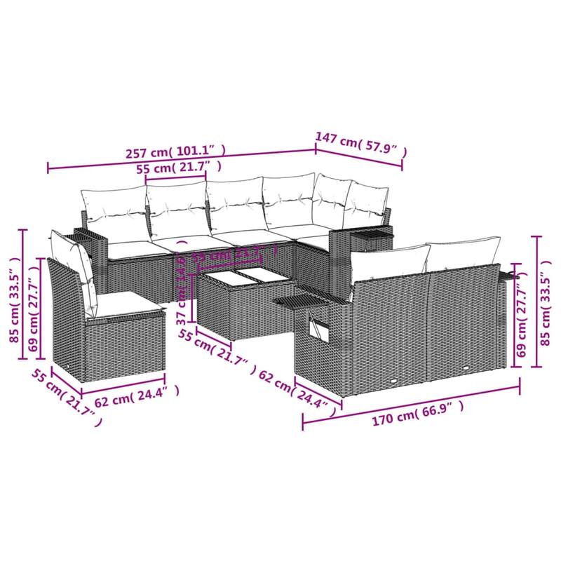 vidaXL Patio Sofa Set with Cushions Outdoor Conversation Furniture Poly Rattan - 24.4 x 24.4 x 27.2