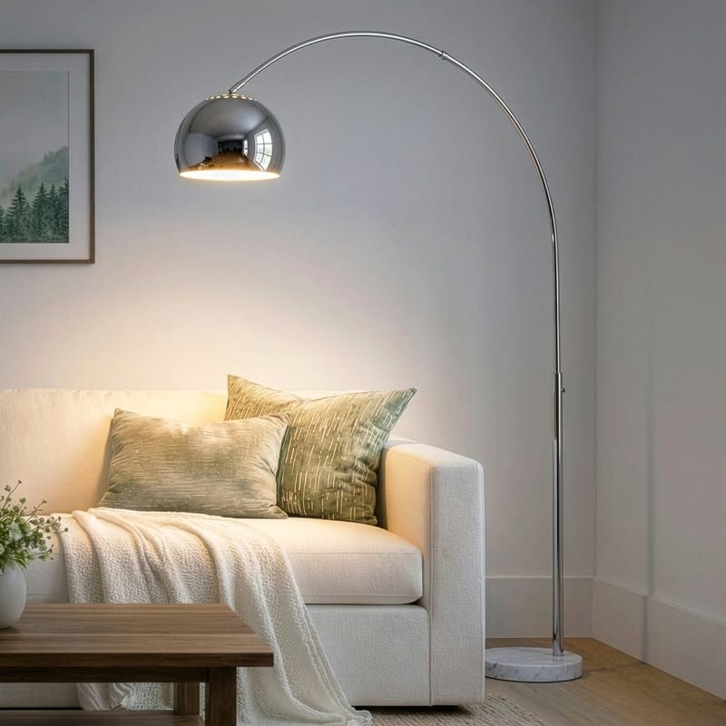 Brightech Olivia 75 in. Industrial Adjustable LED Arc Floor Lamp with Brass Metal Bowl Shade - Polished Chrome