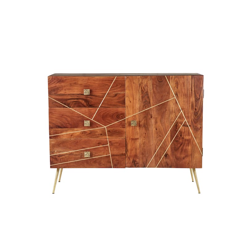 Brown Wood With Gold Accents Mid Century Modern Glam Buffet Cabinet - 46 x 16 x 36