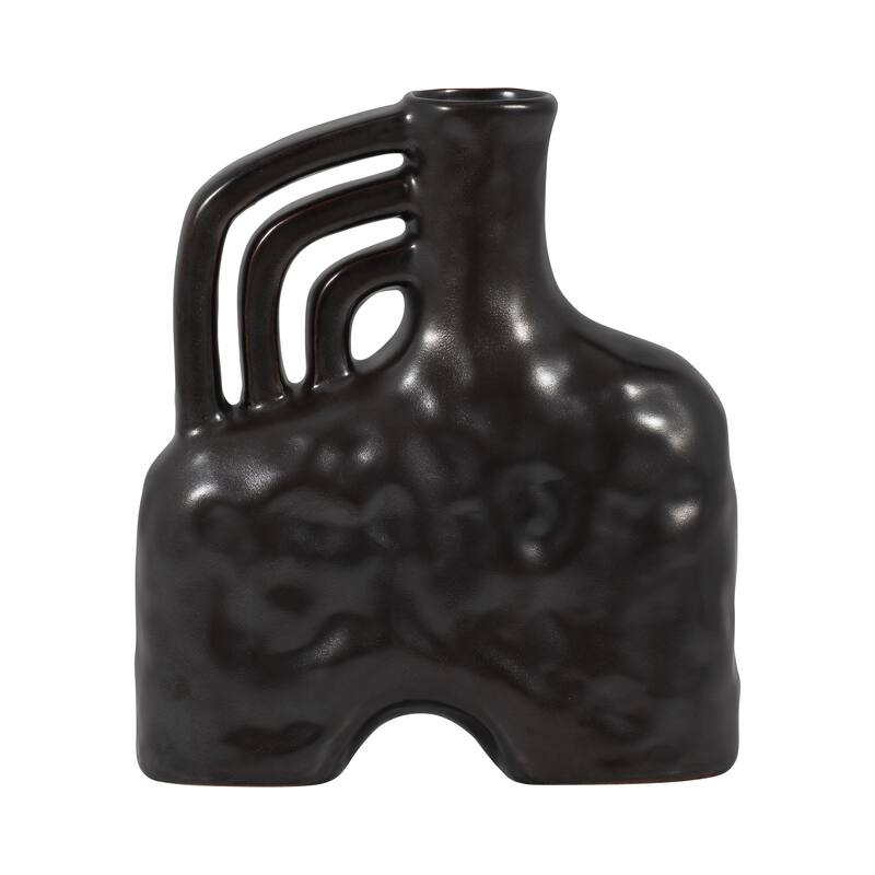 Ceramic Metallic Triple Handle Vase, Black, Novelty, Solid Color