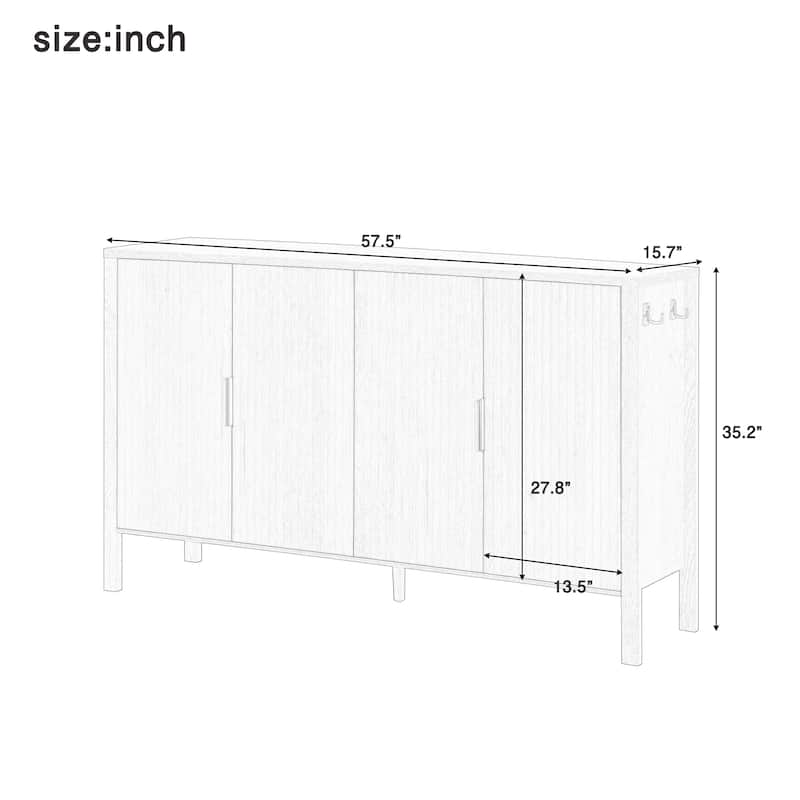 Modern 57.5" Stripe Door Storage Cabinet, 4-Door Sideboard with Back-of-Door Storage Racks & Side Hooks, Adjustable Shelves