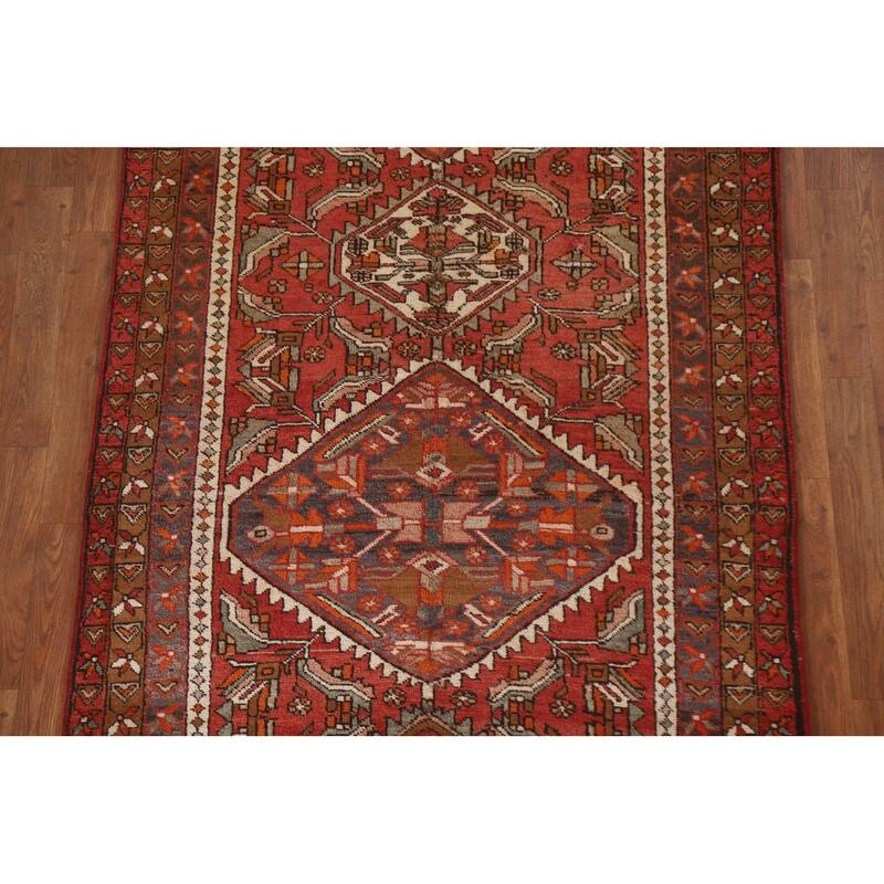 Heriz Persian Vintage Runner Rug Hand-knotted Red Wool Carpet - 3'11"x 11'10"