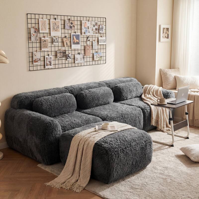 Homy Casa Modular Sectional Sofa, Dark Grey Plush Fabric with Non-Slip Base, No Assembly Living Room Couch with Pillows - G09