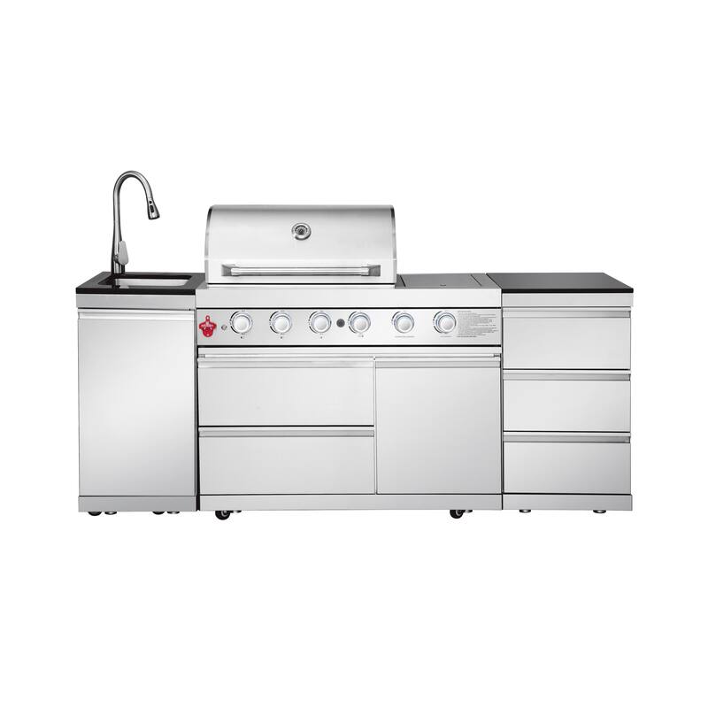 GDFStudio Zarethion Stainless Steel Outdoor Kitchen Island Grill with 4 Burners, Rotisserie and Storage Drawers - Silver - Propane Gas