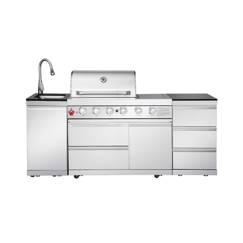 GDFStudio Zarethion Stainless Steel Outdoor Kitchen Island Grill with 4 Burners, Rotisserie and Storage Drawers