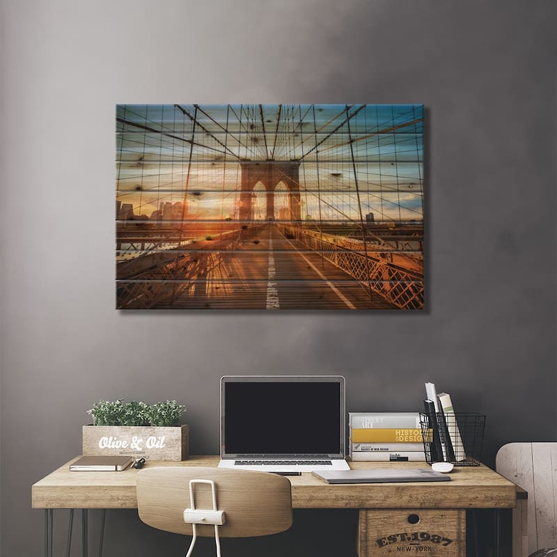 Brooklyn Bridge In New York City Print On Wood by Jan Becke - Multi-Color