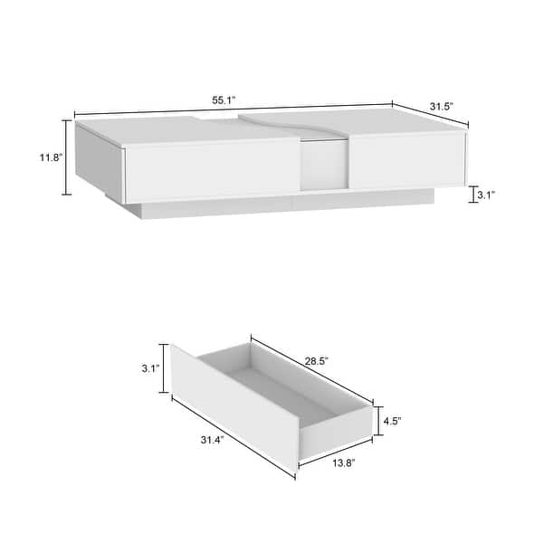 Storage Masterpiece Contemporary White Coffee Table Colorful LED Edge - 55.1"W