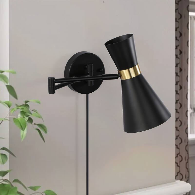 Industrial Swing Arm Wall Lamp – Plug-In, Adjustable Sconce, Black Metal Shade, E26 Base