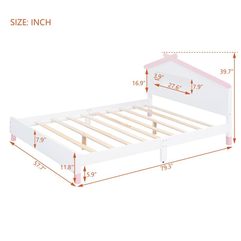 Full Size Wood Platform Bed with House-shaped Headboard and Motion Activated Night Lights