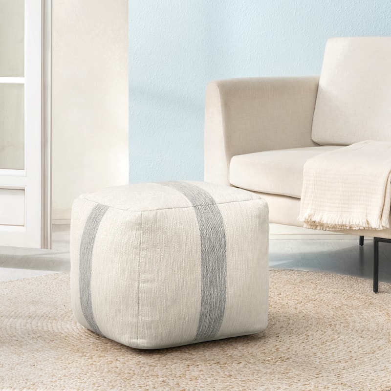 Jani 20-inch Ottoman Pouf - Handcrafted Handmade Ottoman for Seating, Footrest, Home Decor for Living Room, Bedroom - Ivory/Gray Maze