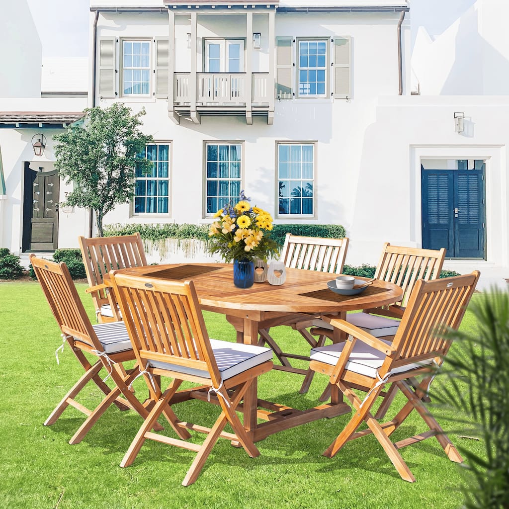 Chic Teak 7 Piece Teak Wood Santa Barbara Patio Dining Set with Round to Oval Extension Table, 2 Arm Chairs and 4 Side Chairs