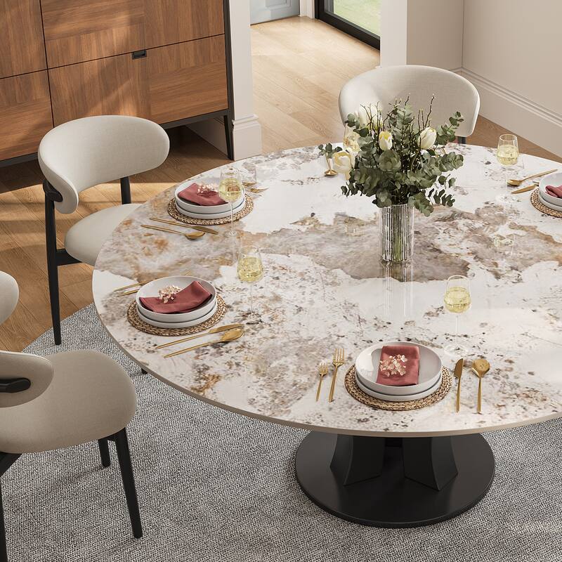 59" Round Sintered Stone Dining Table for 6-8, Glossy Pandora Table top