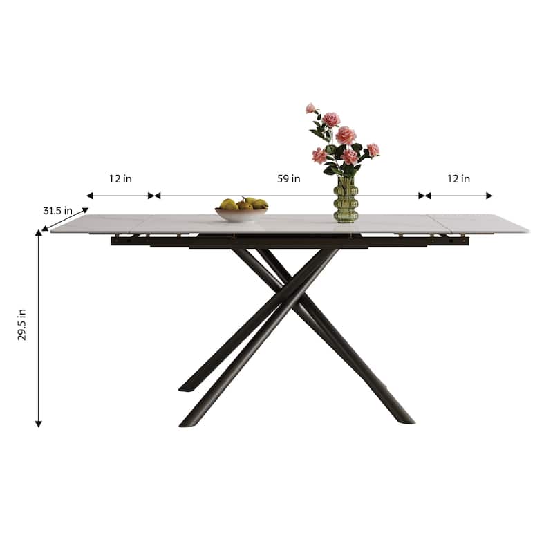 Retractable Sintered Stone Dining Table, Modern Rectangular Design, with Black Carbon Steel Legs at the Bottom