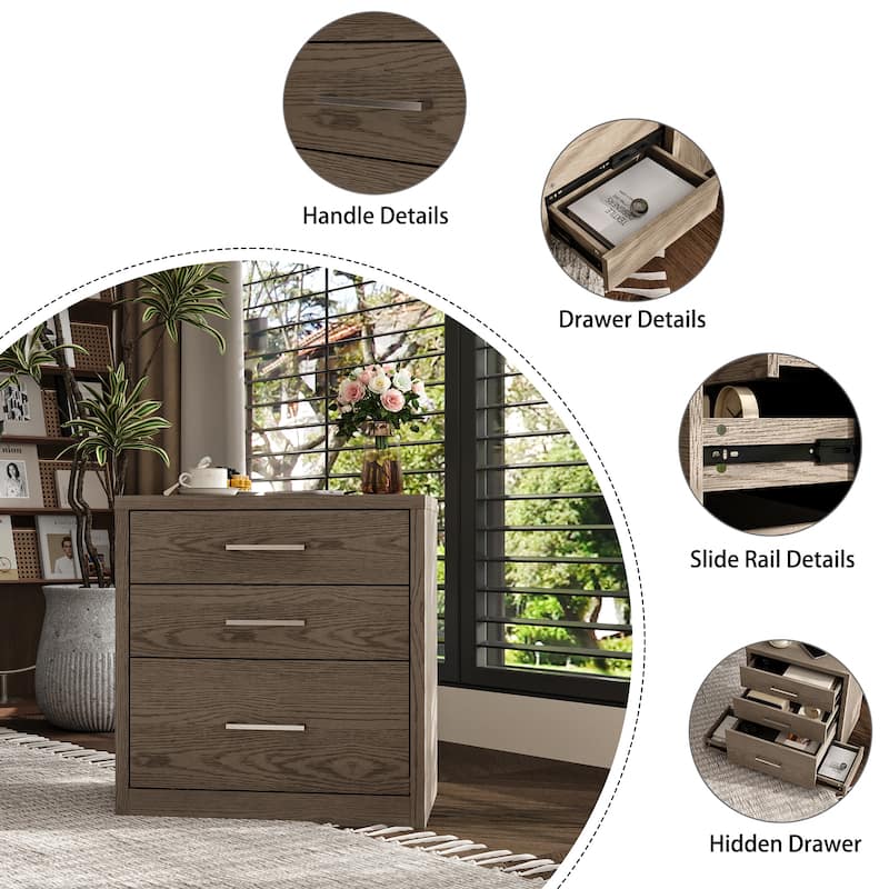 Chic Wooden 3-Drawer Nightstand: Wood Finish with Hidden Drawer for Secret Storage Bedside Table