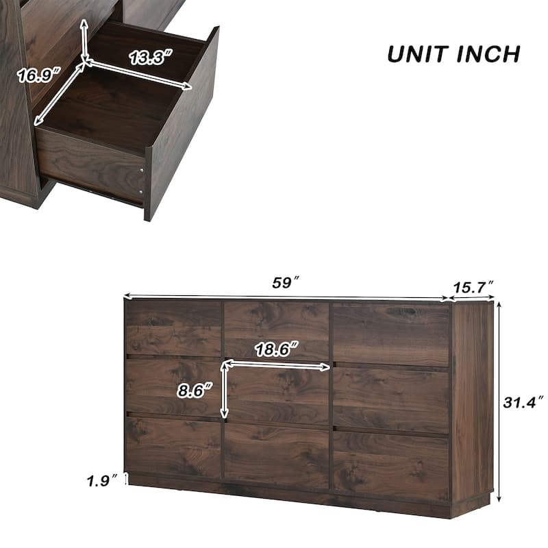 Modern Dark Walnut 9Drawer Dresser with Durable MDF Board, Smooth