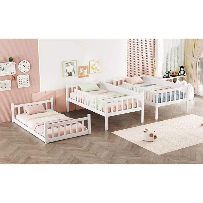 Roomfitters Twin Triple Bunk Bed, Rubber Wood Detachable Design with Ladders and Guardrails, Twin over Twin over Twin