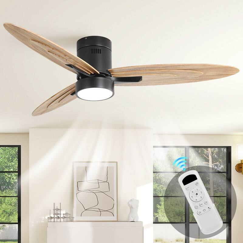Modern 52"/56" Ceiling Fans with Wood Blades, LED Light & Remote - White/Gold/Black - Black