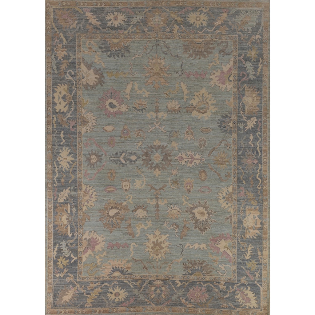 Turkish Oushak Vegetable Dye Area Rug Handmade Light Blue Wool Carpet - 9'2"x 11'11"