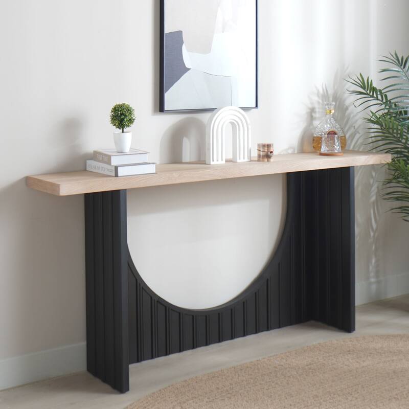 66" Length Modern Minimalist Console Table with Black Arch Base and Natural Wood Top - Black