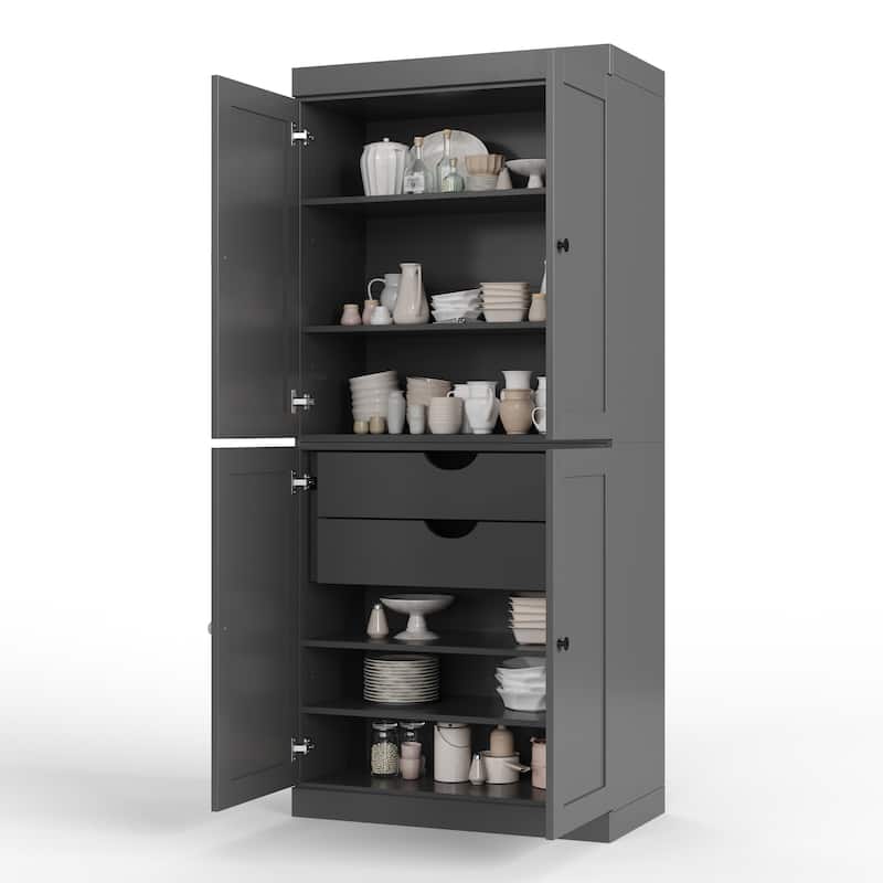 Palace Imports 100% Solid Wood 32" Pantry Cabinet with Shaker Doors, 2-Drawers and Adjustable Shelves - Gray