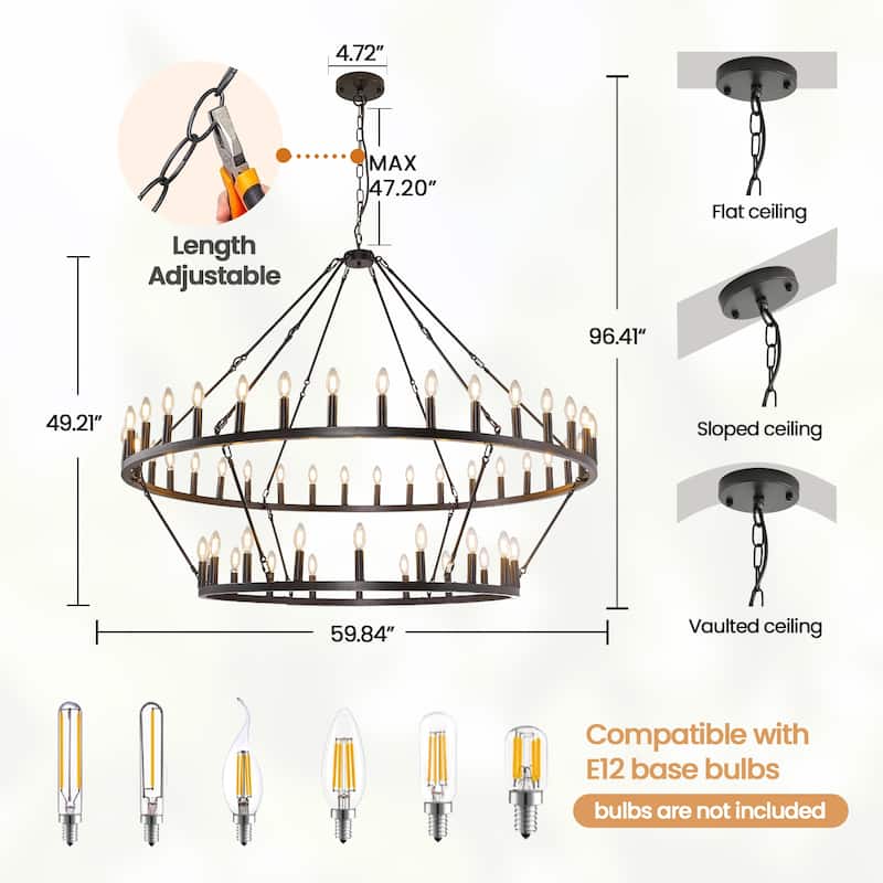 59.84'' 54-Lights Candle Dimmable Two Tiers Wagon Wheel Chandeliers