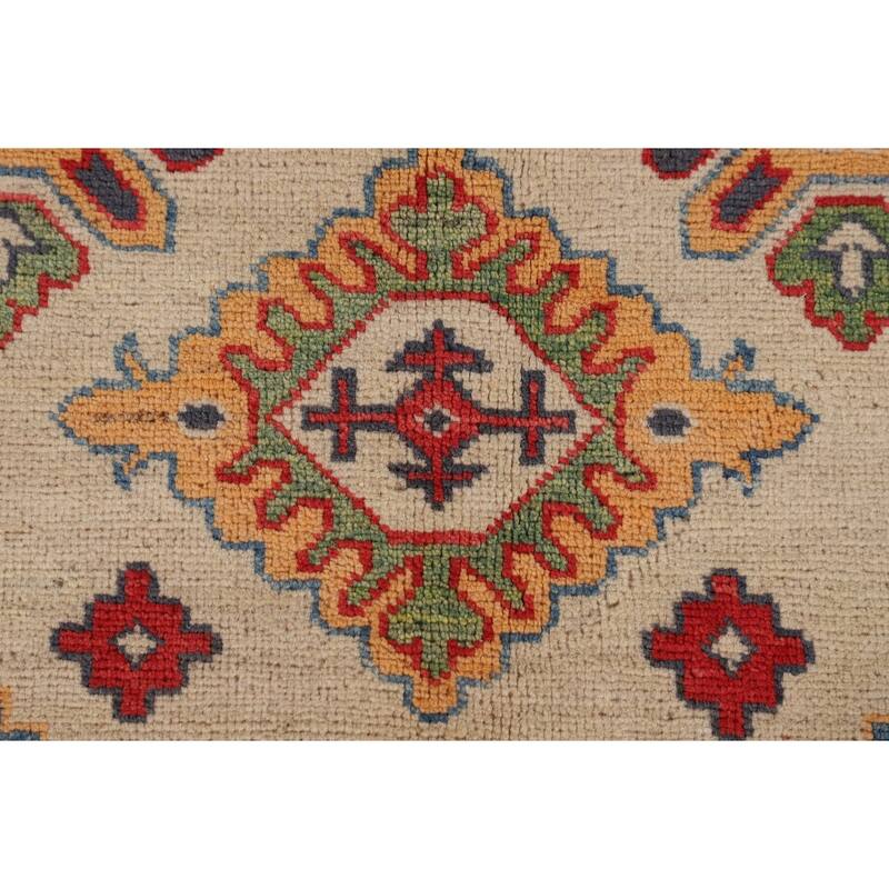 Geometric Kazak Area Rug Hand-Knotted Beige / Ivory Wool Carpet - 6'5" x 9'8"