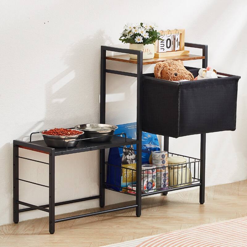 Black Pet Feeding Station with Storage Dog Food and Toy Organizer Suitable for as Living Room or Bedroom or Kitchen